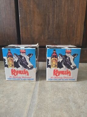 2 Vintage 1990s Kahlua "Cow Chiller"  "Udderly Delicious" Glasses In The Boxes